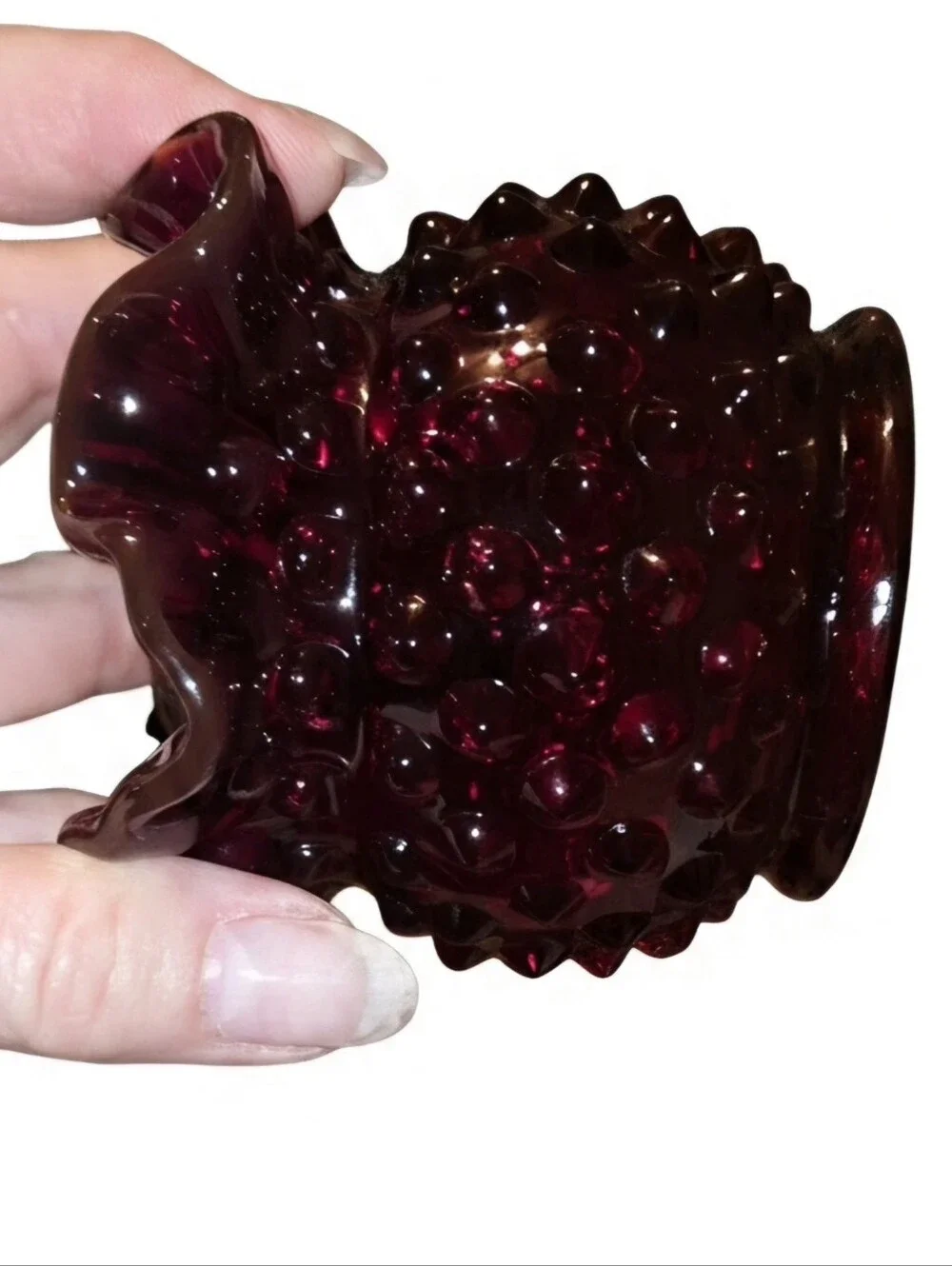 Pair of Vintage Fenton Ruby Red Hobnail Ruffled Mini Vase